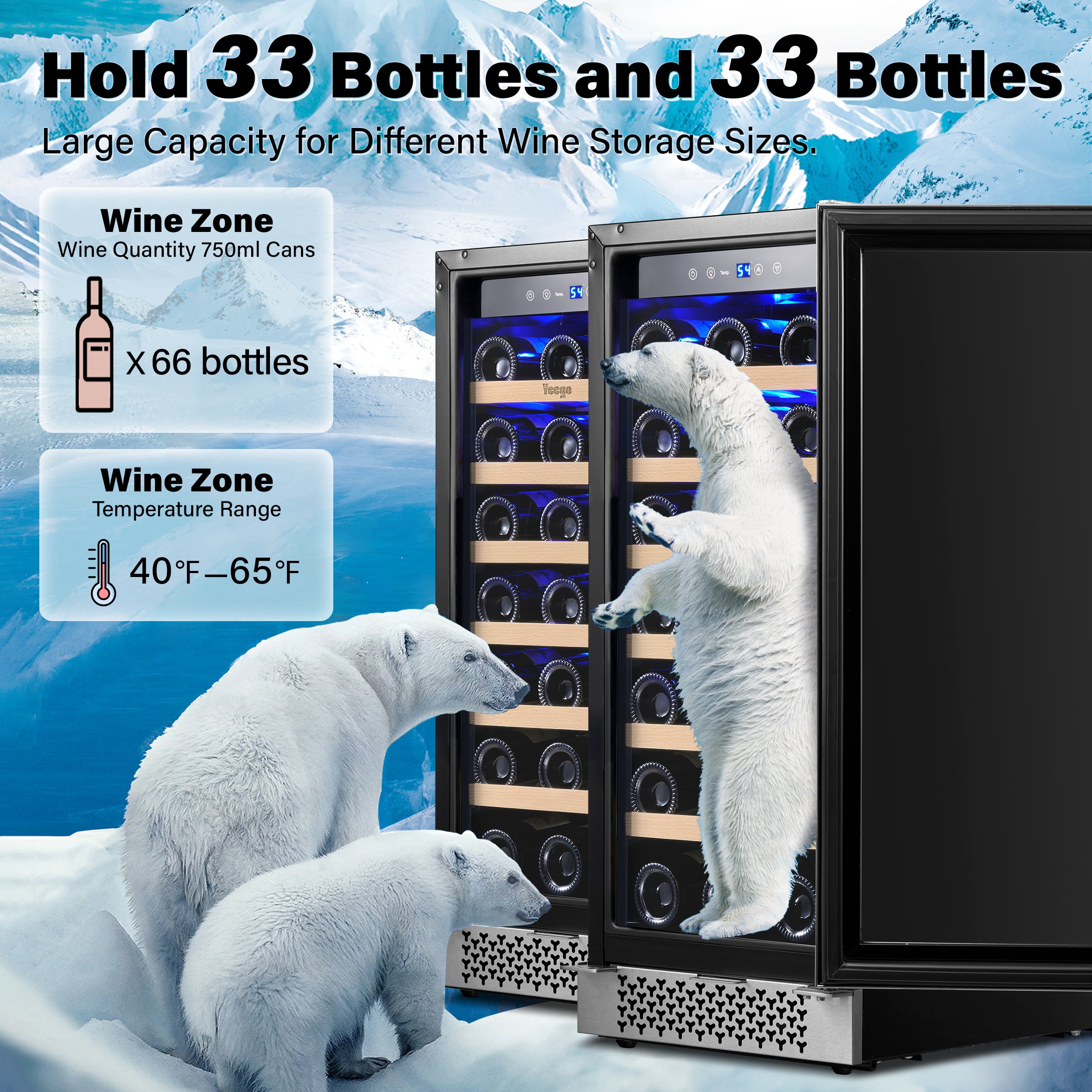 30 Inch Wide Dual Zone Wine Fridge, 66 Bottles Wine Cooler Combo, Under Counter or Freestanding