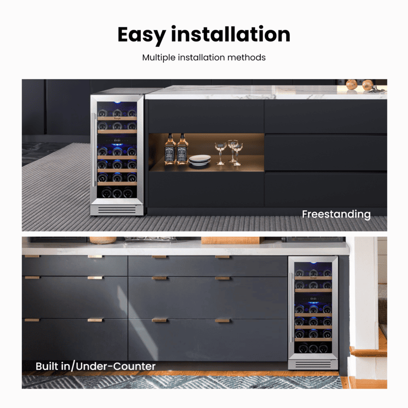 15 Inch Wide 28 Bottles Dual Zone Narrow Small Wine Fridge, Under Counter, Built-In or Freestanding - Yeego Life