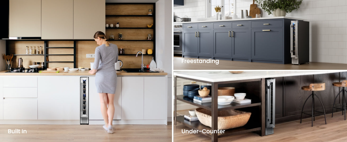 kitchen scenes with refrigerator placements: built-in and under-counter.
