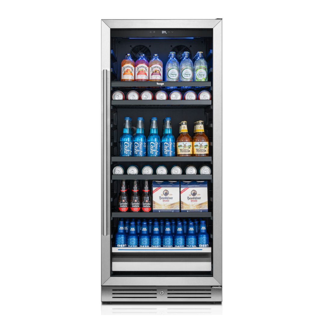 Yeego BS275 tall beverage cooler front view showcasing sleek stainless steel design and clear glass door