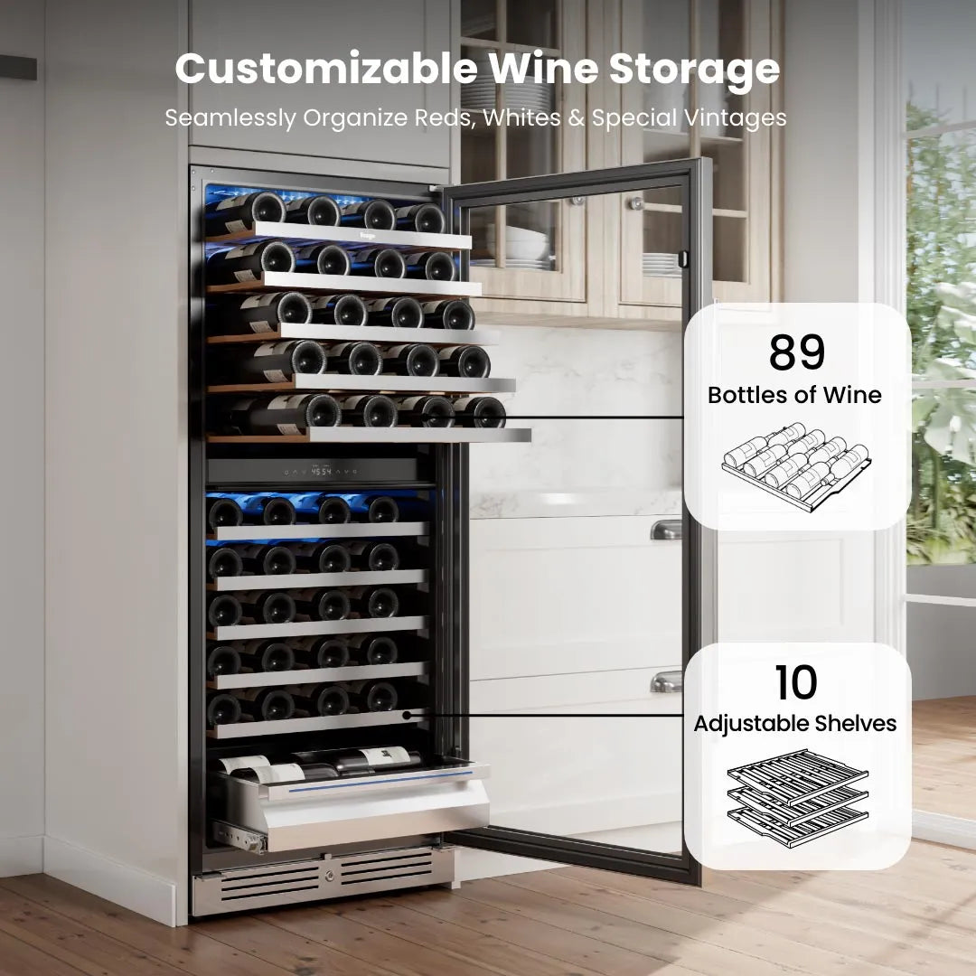 Yeego YG-WD275-23US Dual Zone Wine Fridge showing maximum 89-bottle capacity with neatly arranged wine storage