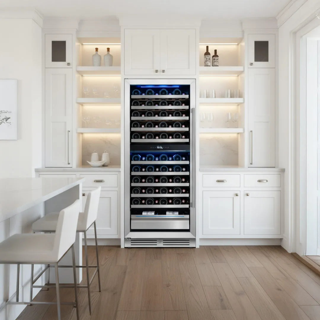 Yeego YG-WD275-23US Dual Zone Wine Fridge built into kitchen cabinets showing seamless installation and elegant dual-zone storage
