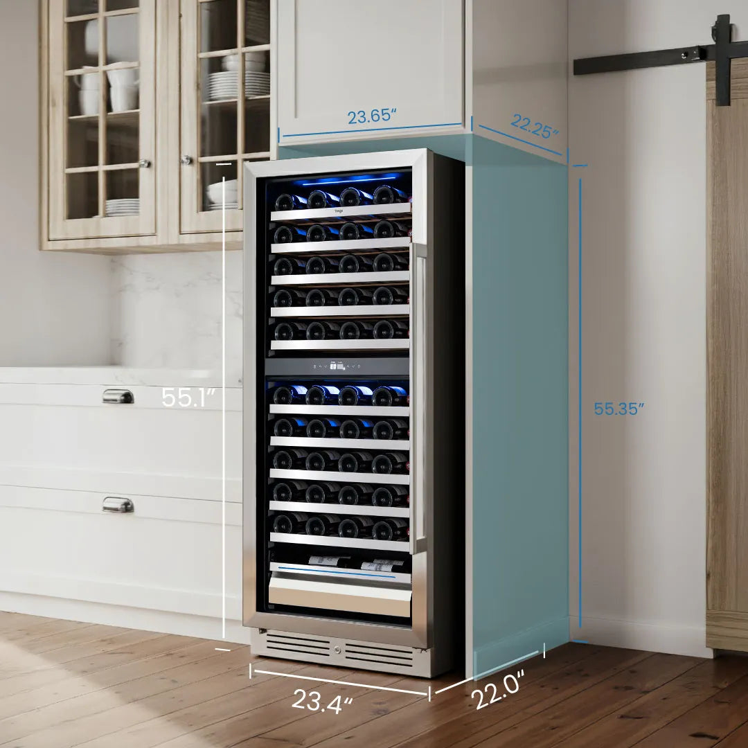 Yeego YG-WD275-23US Dual Zone Wine Fridge showing built-in installation with recommended clearance dimensions for a perfect fit