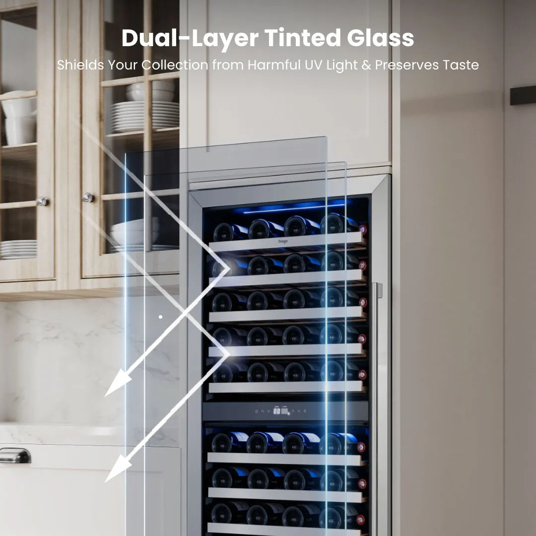 Yeego YG-WD275-23US Dual Zone Wine Fridge featuring double-coated glass doors that block harmful UV rays and maintain stable wine storage conditions