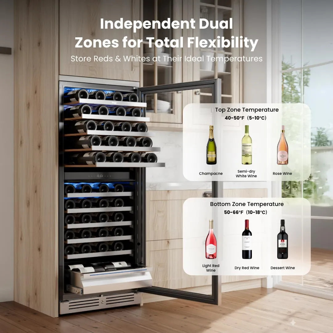 Yeego YG-WD275-23US Dual Zone Wine Fridge designed to store different types of wine at their ideal temperatures in separate zones