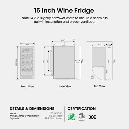 Yeego 33 Bottle Wine Refrigerators, 15" Wine Cooler with Glass Door for Home/Dorm Freestanding & Built-in Wine Fridge