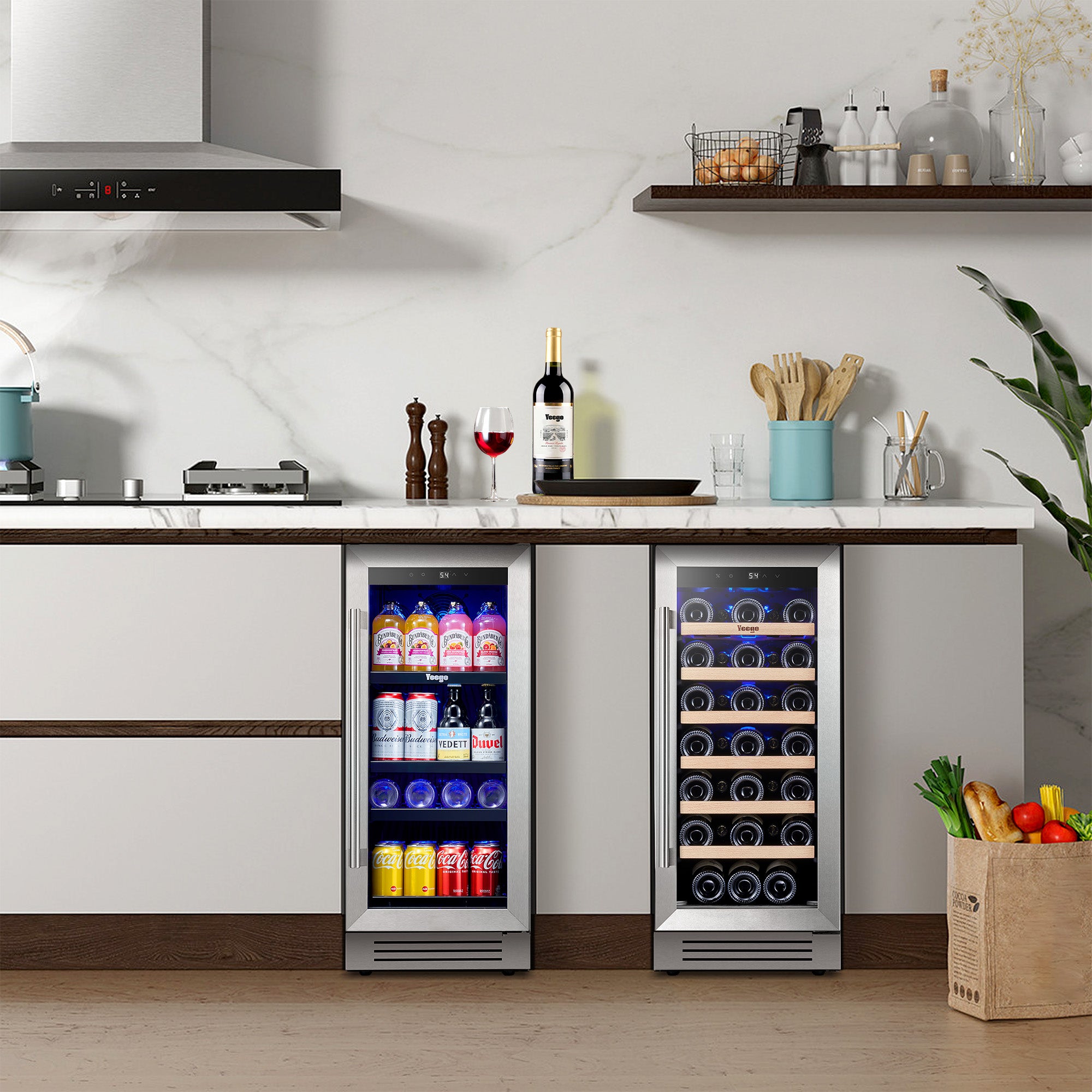 30 Inch Wide Wine Beverage Cooler, Under Counter Dual Zone Fridge Combo With Quiet Compressor