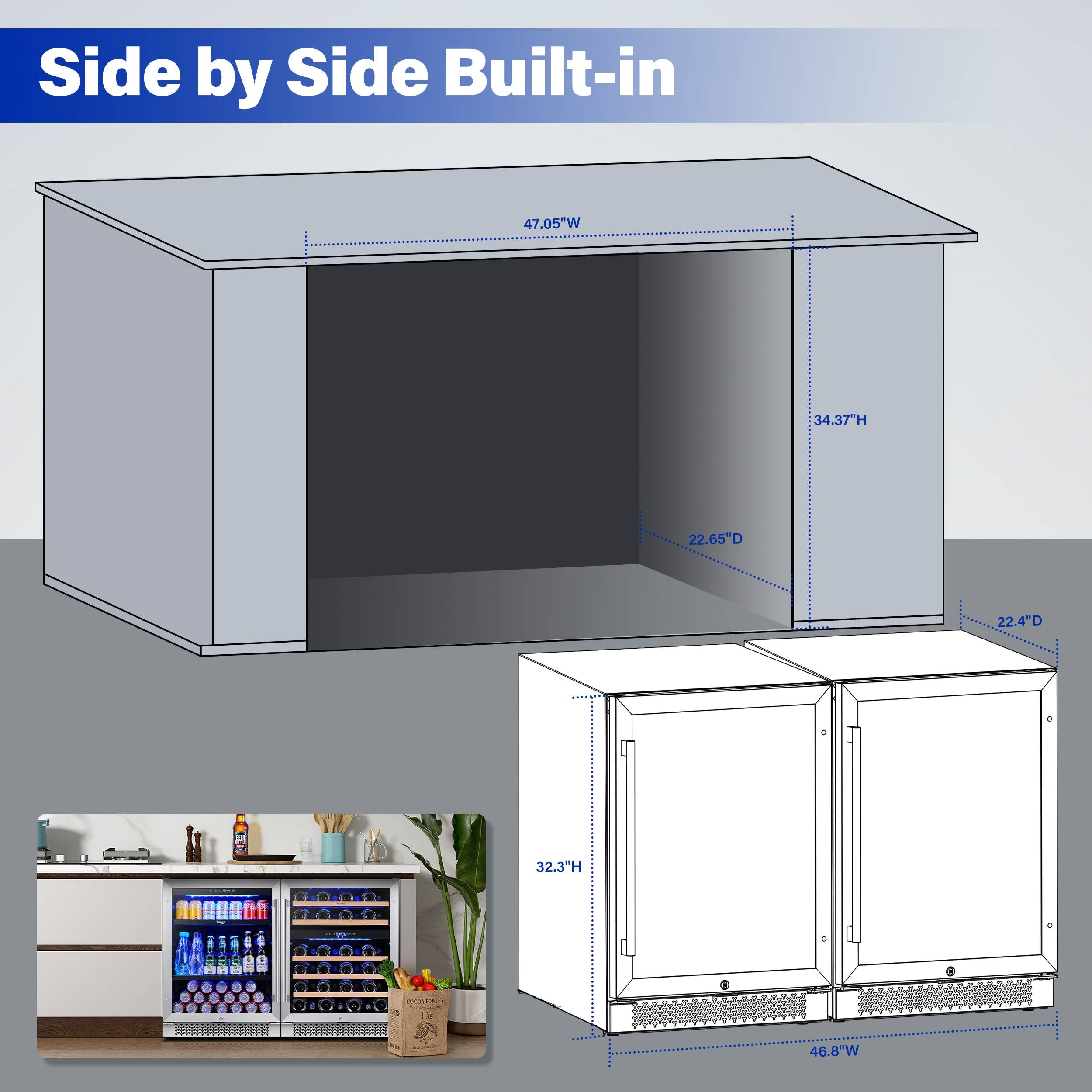 48 Inch Wide Wine Beverage Center, Quiet Compressor Fridge Combo Under Counter or Freestanding