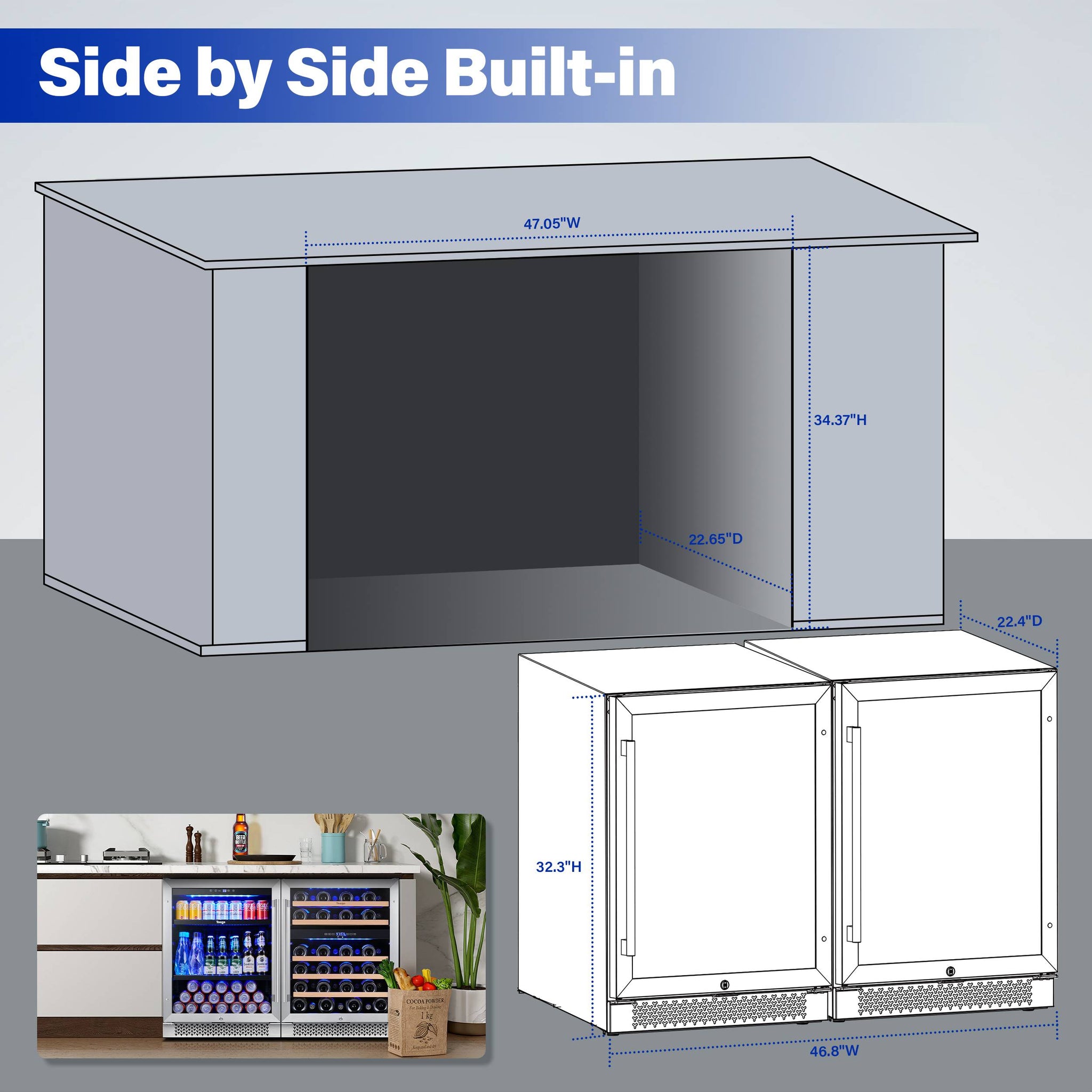 48 Inch Wide Wine Beverage Center, Quiet Compressor Fridge Combo Under Counter or Freestanding