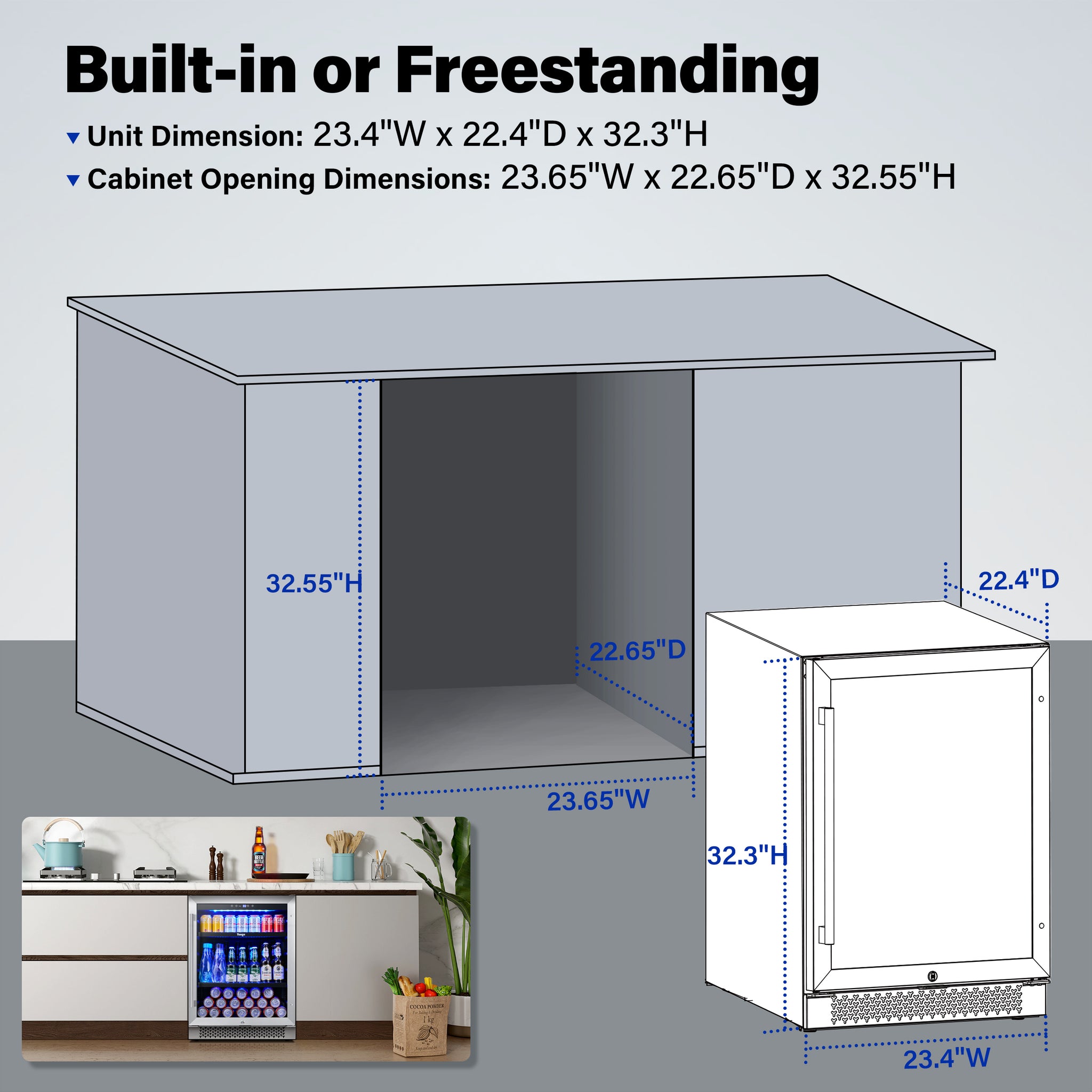 24 Inch Wide Beverage Fridge, 180 Cans Drink Cooler Under Counter or Freestanding