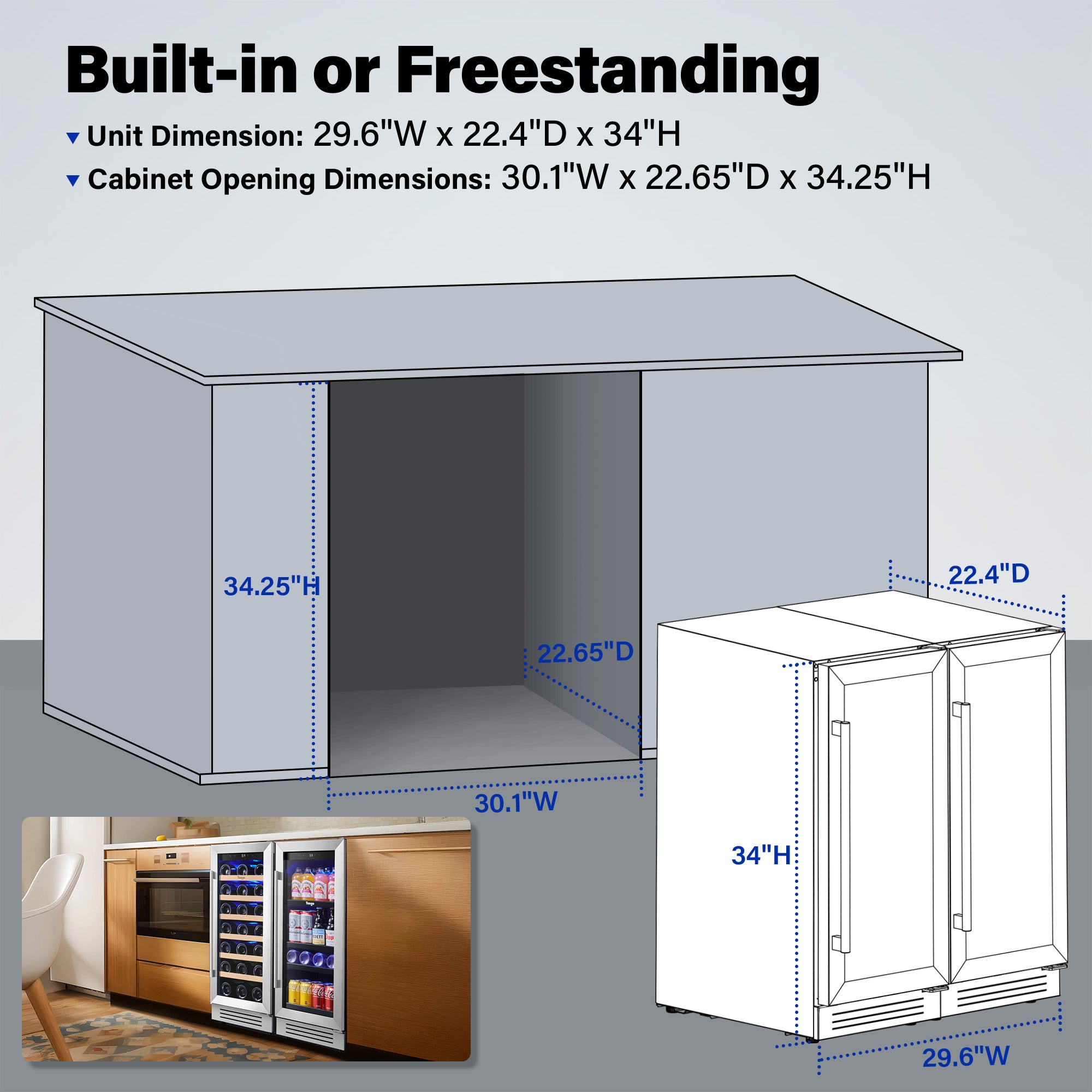 30 Inch Wide Wine Beverage Cooler, Under Counter Dual Zone Fridge Combo With Quiet Compressor