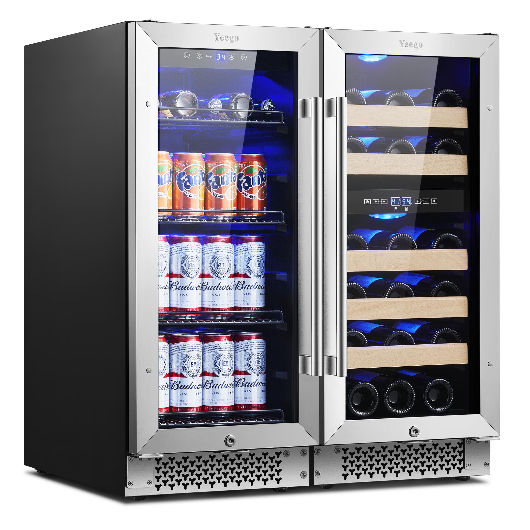 30 Inch Wide Wine and Beverage Fridge, Separate Temp Zones Cooler Combo, Under Counter Or Freestanding