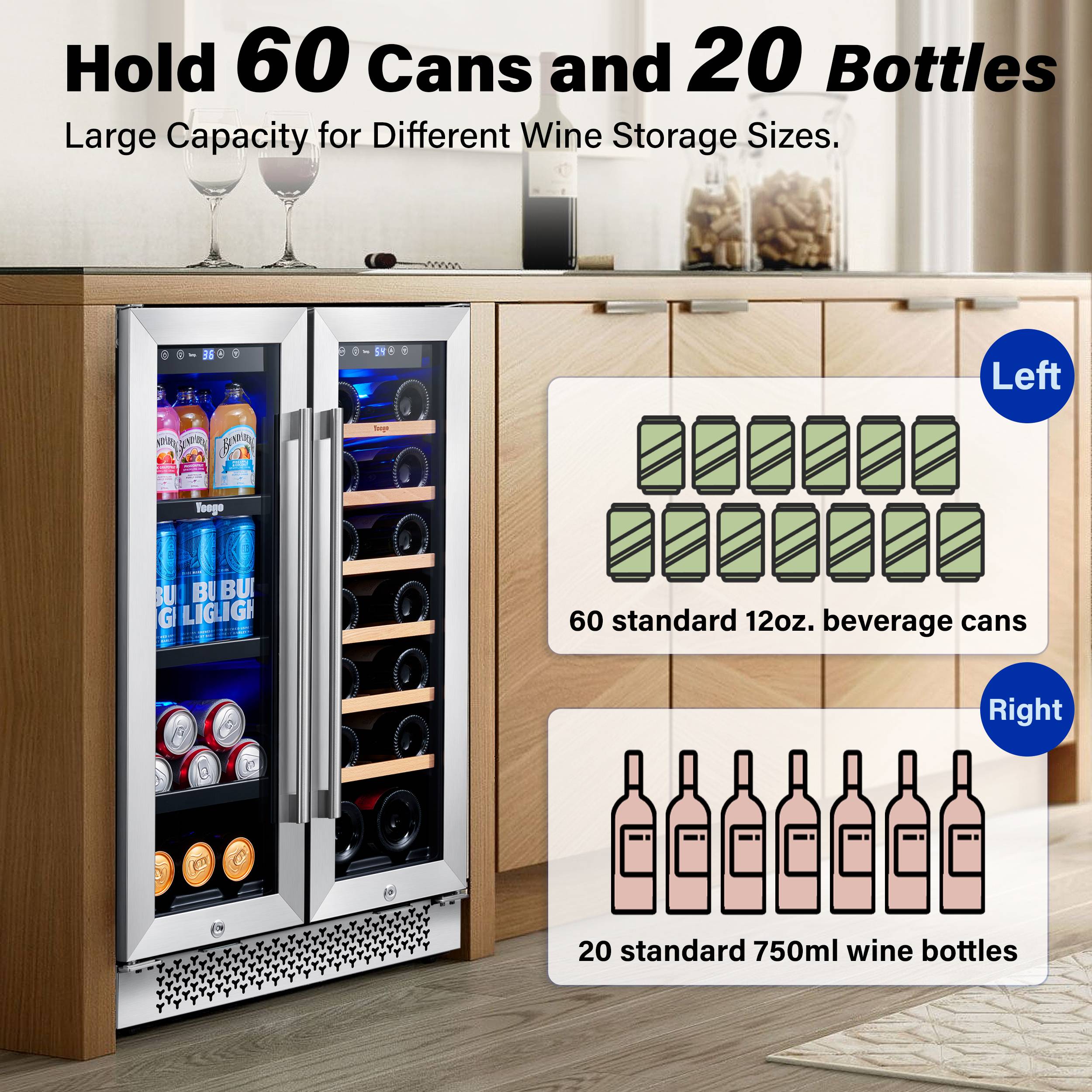 24 Inch Wide  Dual Zone Wine and Beverage Fridge, Under Counter or Freestanding