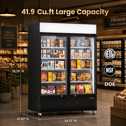 Yeego 41.9 Cu.Ft Commercial Display Freezer, Double Glass Door Upright Merchandiser Freezer with Frost-Free Air Cooling, LED Light Box for Restaurant Retail Grocery