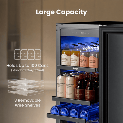 Yeego 15 Inch Beverage Refrigerator Cooler - 100 Cans Mini Fridge with Glass Door, 34-54 ℉ Drink Cooler, Built-in or Freestanding