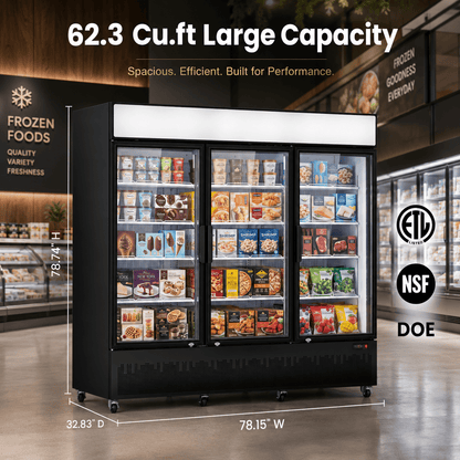 Yeego 62.3 Cu.Ft Commercial Display Freezer, Triple Glass Door Upright Merchandiser Freezer with Frost‑Free Air Cooling, LED Light Box for Restaurant Retail Grocery