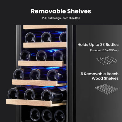 Yeego 33 Bottle Wine Refrigerators, 15" Wine Cooler with Glass Door for Home/Dorm Freestanding & Built-in Wine Fridge