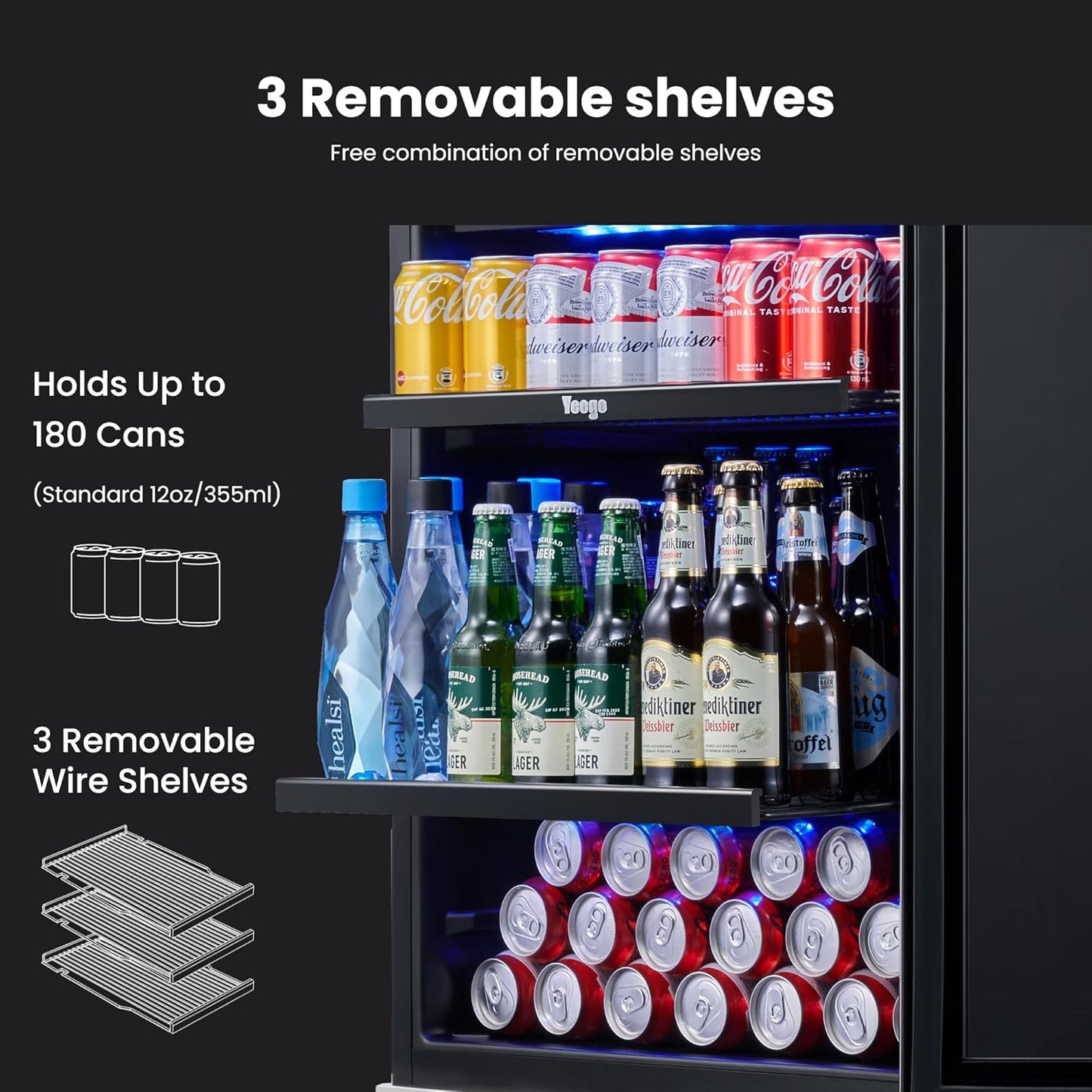 Yeego 24" Beverage Refrigerator, 180 Cans Beverage Fridge Beer Fridge with Glass Door, Built-in/Freestanding for Kitchen, Bar or Office