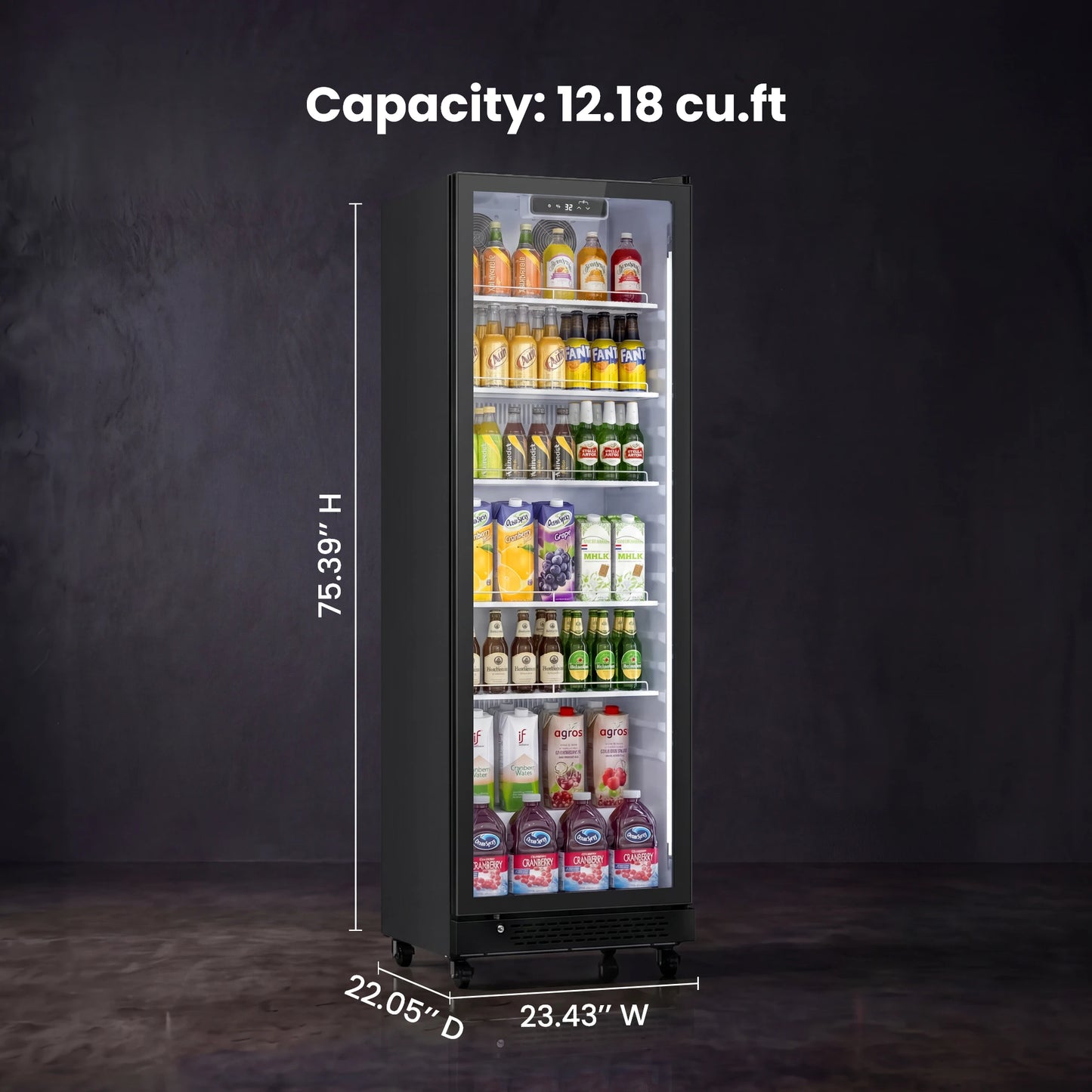 Dimensions and storage capacity overview of the 12.18 cubic foot display cooler