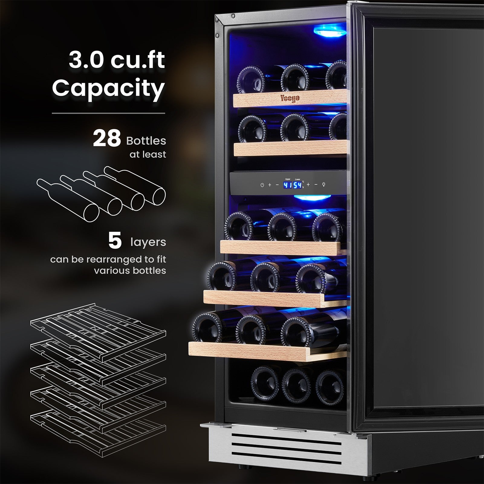 Yeego 15 Inch Wide 28 Bottles Dual Zone Narrow Small Wine Fridge, Under Counter, Built-In or Freestanding