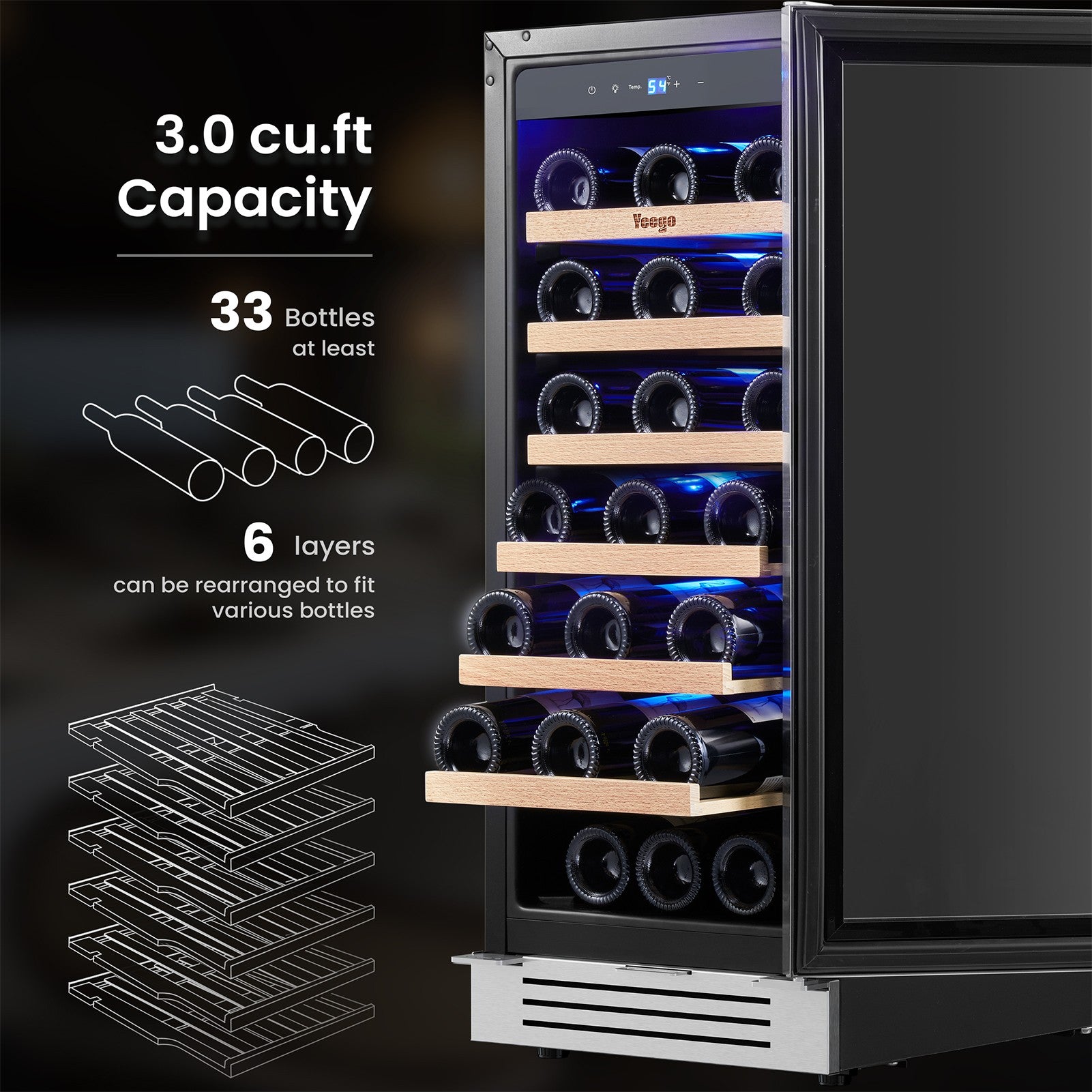 15 Inch Wide 33 Bottle Narrow Small Wine Fridge, Quiet Wine Cooler Under Counter Or Freestanding