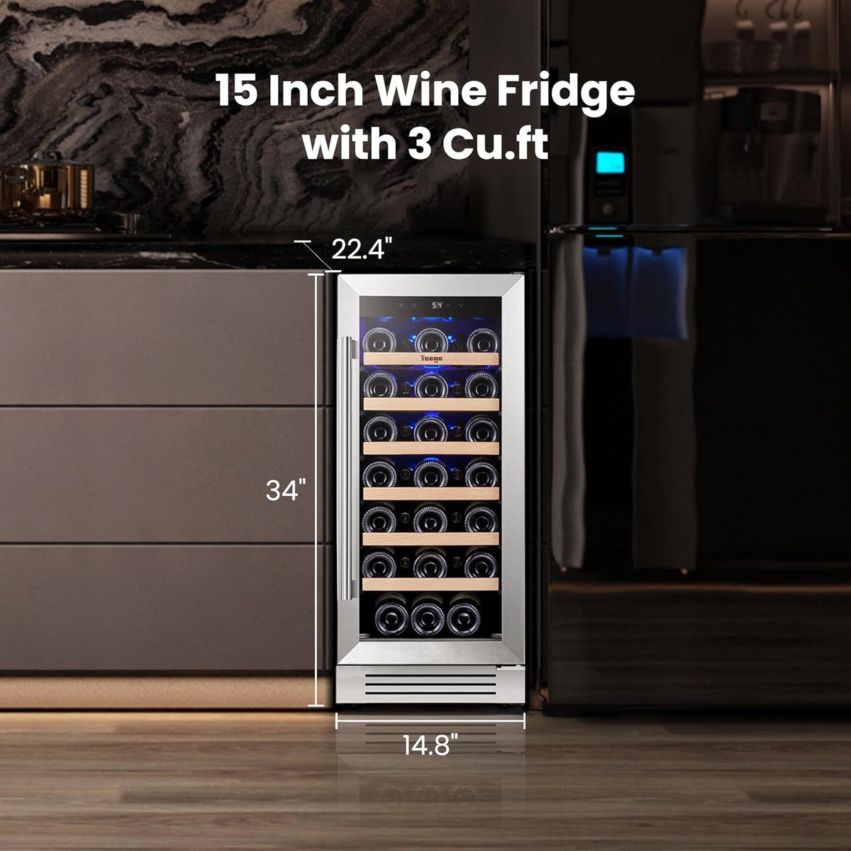 Yeego 33 Bottle Wine Refrigerators, 15" Wine Cooler with Glass Door for Home/Dorm Freestanding & Built-in Wine Fridge