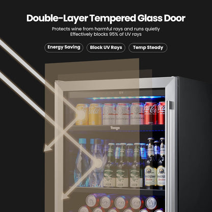 Yeego 24" Beverage Refrigerator, 180 Cans Beverage Fridge Beer Fridge with Glass Door, Built-in/Freestanding for Kitchen, Bar or Office