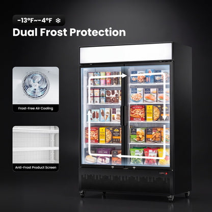 Yeego 41.9 Cu.Ft Commercial Display Freezer, Double Glass Door Upright Merchandiser Freezer with Frost-Free Air Cooling, LED Light Box for Restaurant Retail Grocery