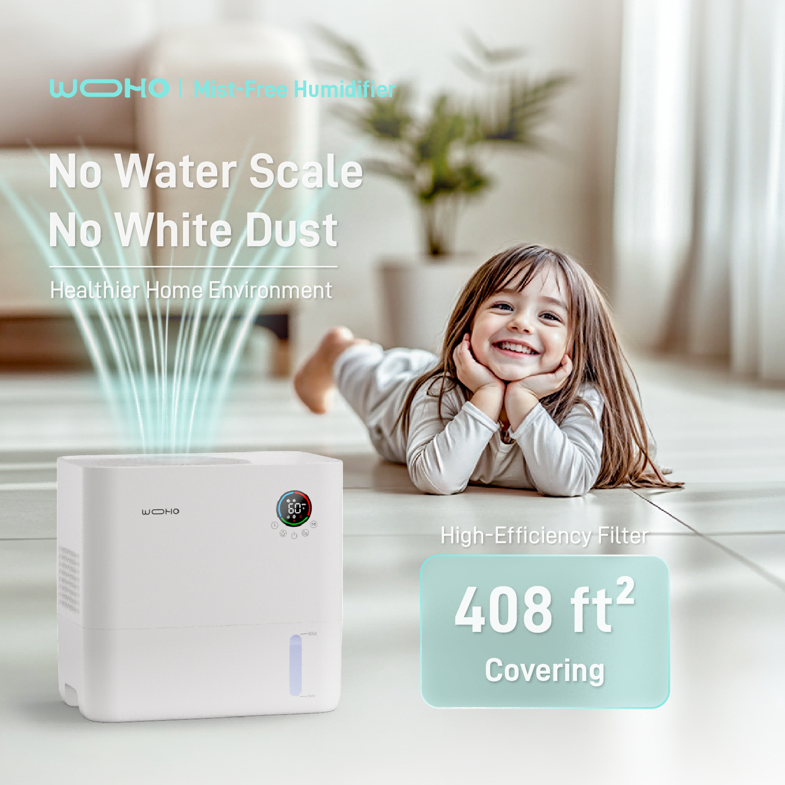 Wooohoo Mist Free Smart Humidifier, 1.32 Gal/5L Quiet Humidifier for Medium Room