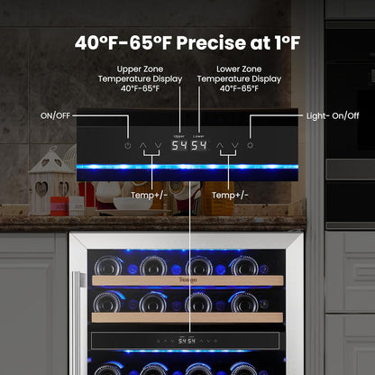 Yeego 24 Inch Dual Zone Wine Fridge Cooler, Holds 52 Bottles, 40-65°F Wine Refrigerator with Glass Door, Built-in and Freestanding Under Counter