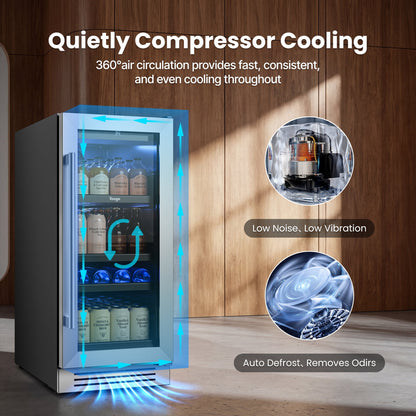 Yeego 15 Inch Beverage Refrigerator Cooler - 100 Cans Mini Fridge with Glass Door, 34-54 ℉ Drink Cooler, Built-in or Freestanding
