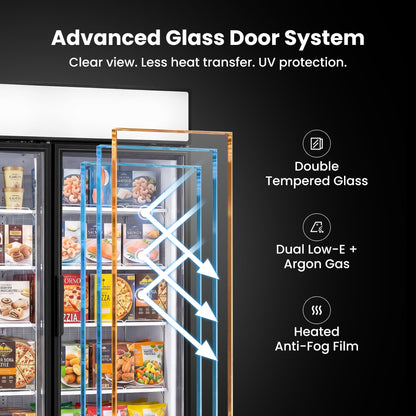 Yeego 41.9 Cu.Ft Commercial Display Freezer, Double Glass Door Upright Merchandiser Freezer with Frost-Free Air Cooling, LED Light Box for Restaurant Retail Grocery