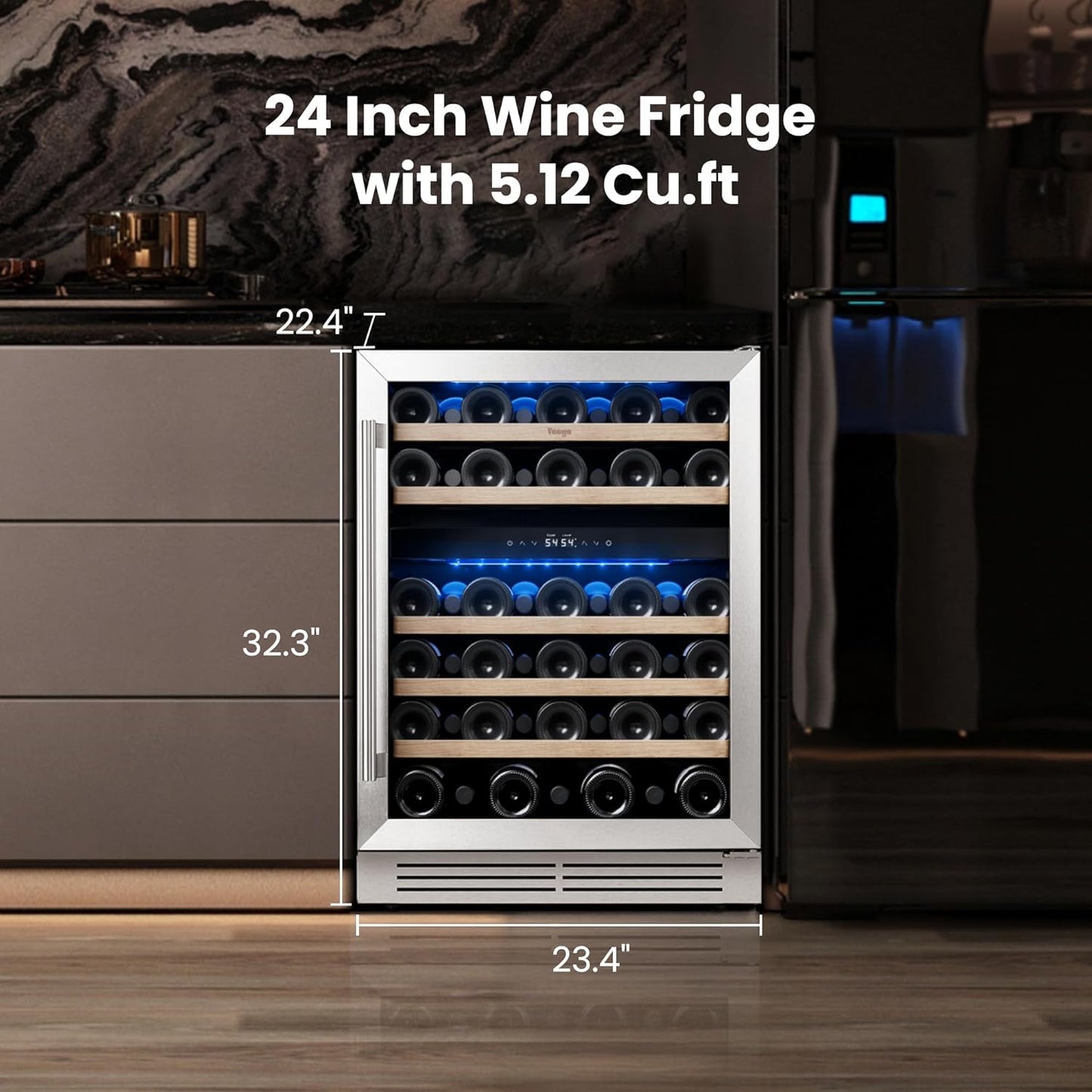 Yeego 24 Inch Dual Zone Wine Fridge Cooler, Holds 52 Bottles, 40-65°F Wine Refrigerator with Glass Door, Built-in and Freestanding Under Counter