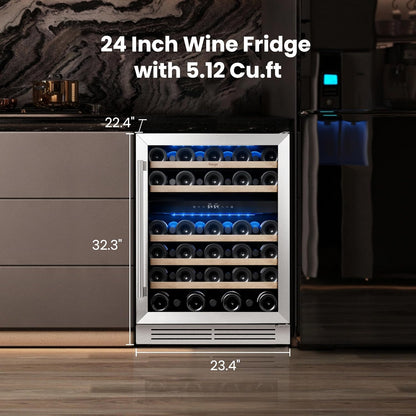 Yeego 24 Inch Dual Zone Wine Fridge Cooler, Holds 52 Bottles, 40-65°F Wine Refrigerator with Glass Door, Built-in and Freestanding Under Counter