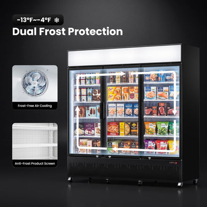 Yeego 62.3 Cu.Ft Commercial Display Freezer, Triple Glass Door Upright Merchandiser Freezer with Frost‑Free Air Cooling, LED Light Box for Restaurant Retail Grocery