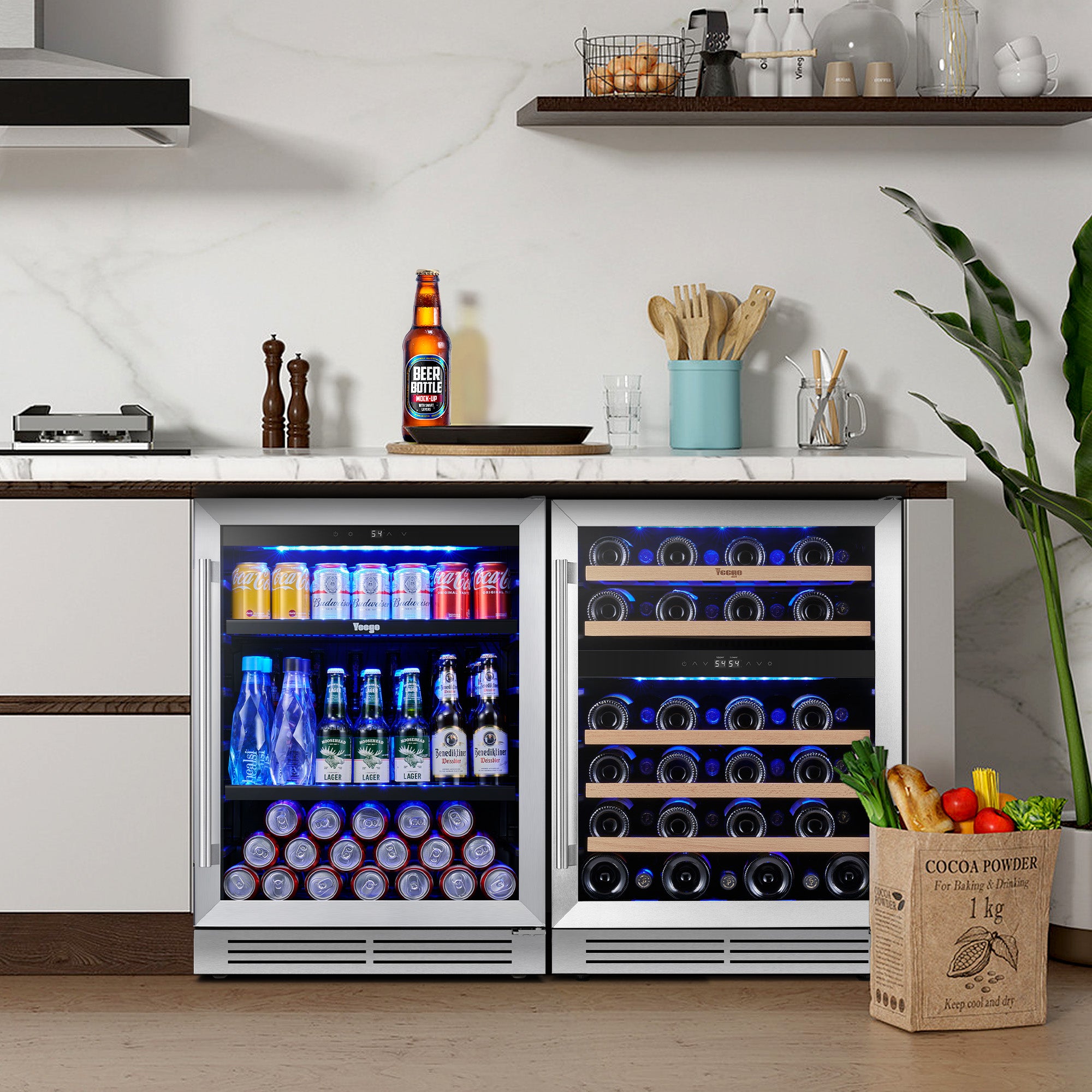 48 Inch Wide Wine Beverage Center, Quiet Compressor Fridge Combo Under Counter or Freestanding