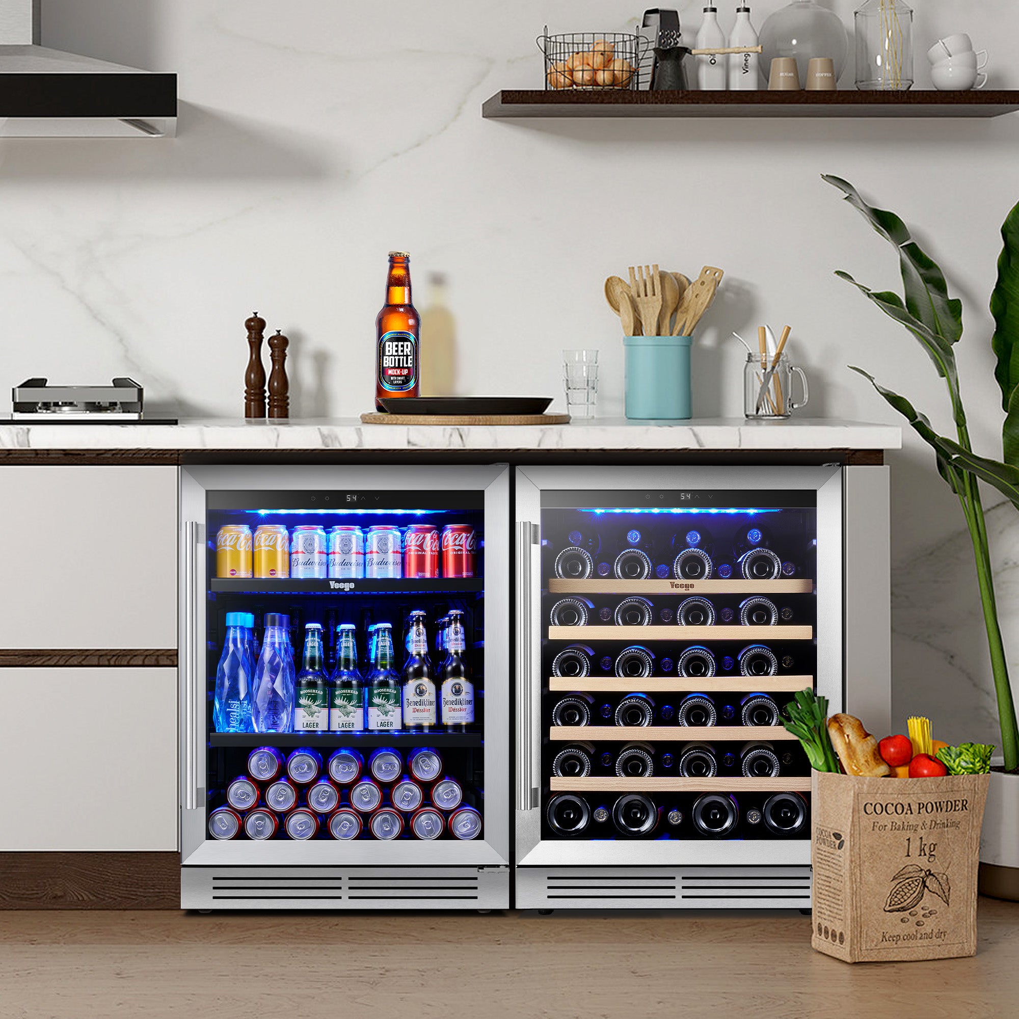 48 Inch Wide Wine Beverage Fridge, Under Counter Dual Zone Wine Beverage Center With Quiet Compressor