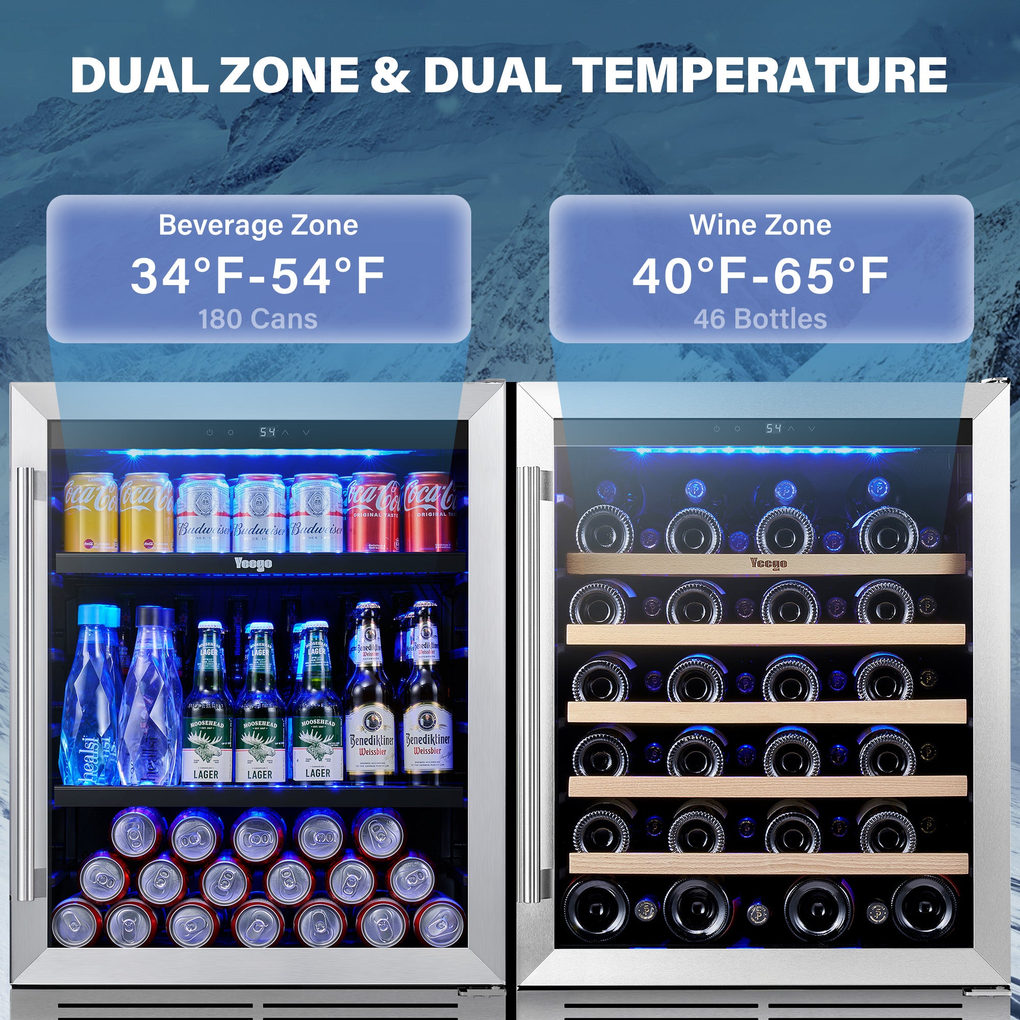 48 Inch Wide Wine Beverage Fridge, Under Counter Dual Zone Wine Beverage Center With Quiet Compressor