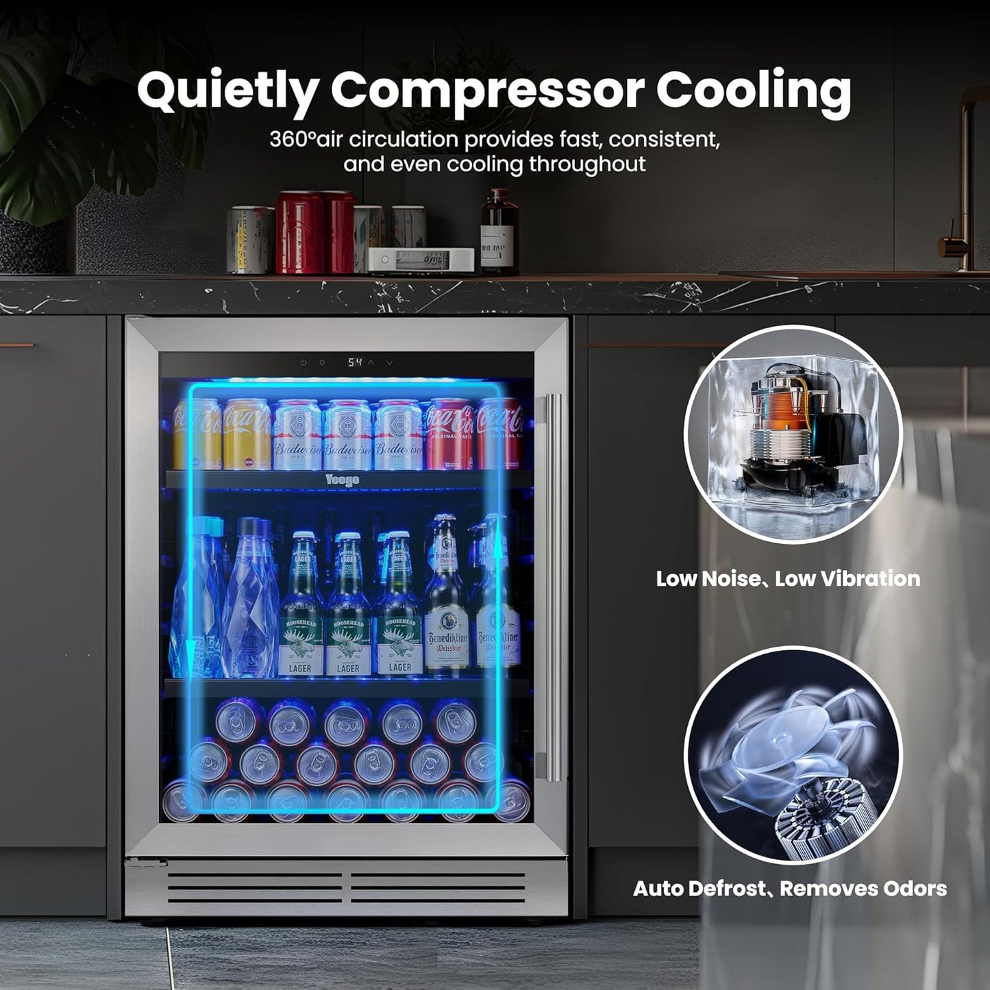 Yeego 24" Beverage Refrigerator, 180 Cans Beverage Fridge Beer Fridge with Glass Door, Built-in/Freestanding for Kitchen, Bar or Office