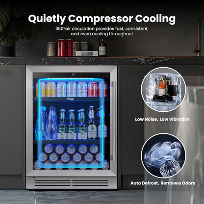Yeego 24" Beverage Refrigerator, 180 Cans Beverage Fridge Beer Fridge with Glass Door, Built-in/Freestanding for Kitchen, Bar or Office