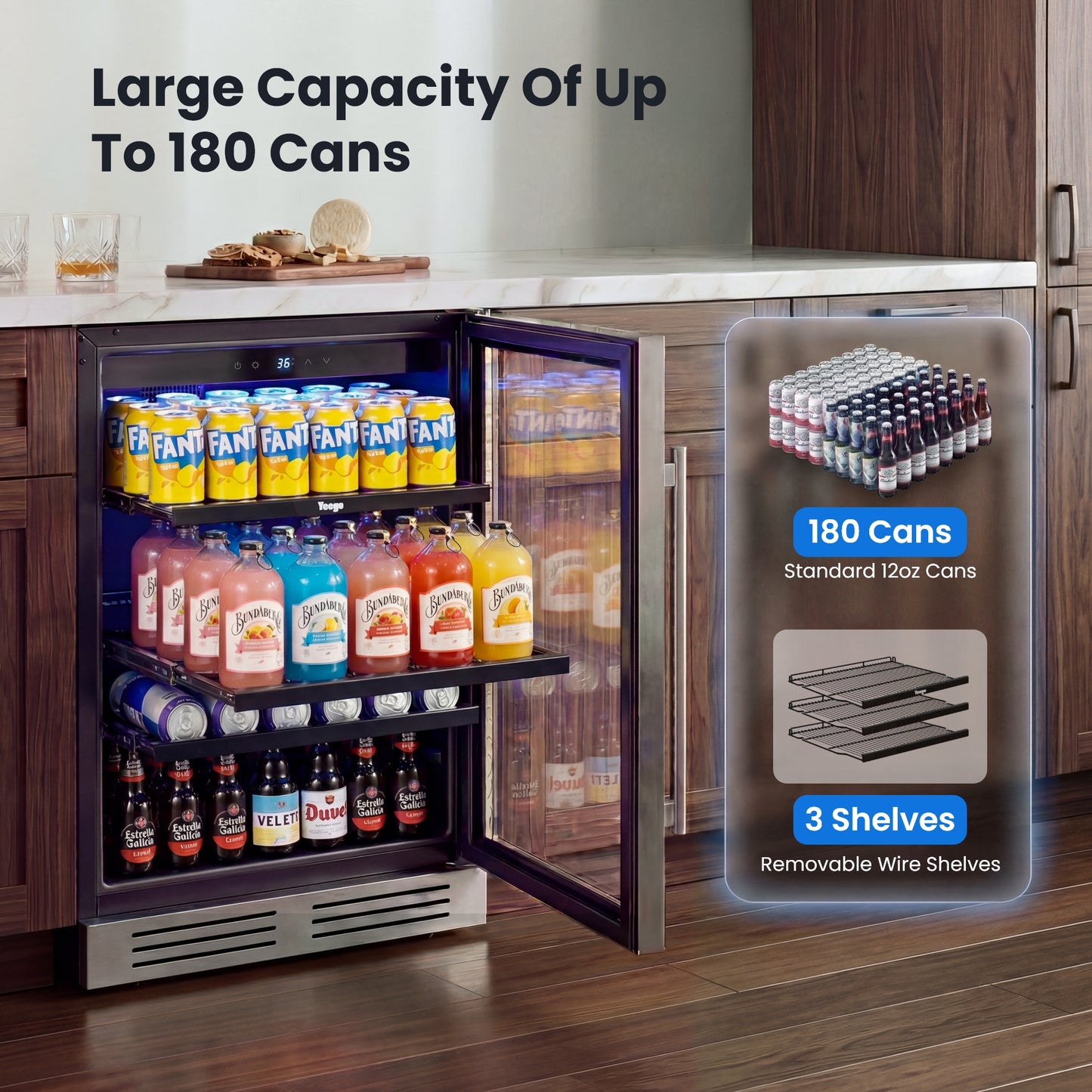 Yeego Beverage Refrigerator & Drink Fridge - 24 inch 180 Cans Beer Cooler Glass Door, 34-54℉ Under Counter Refrigerator Built-in for Drink Soda Wine for Bar Office Bedroom