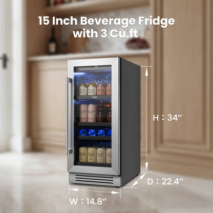 Yeego 15 Inch Beverage Refrigerator Cooler - 100 Cans Mini Fridge with Glass Door, 34-54 ℉ Drink Cooler, Built-in or Freestanding