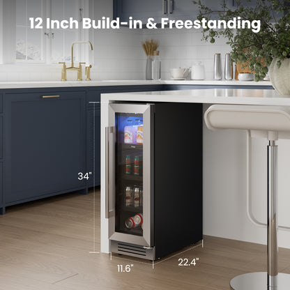 Yeego 12 Inch Beverage Refrigerator - 60 Cans Compact Beverage Cooler with Glass Door, Under Counter Drink Fridge Built-In or Freestanding