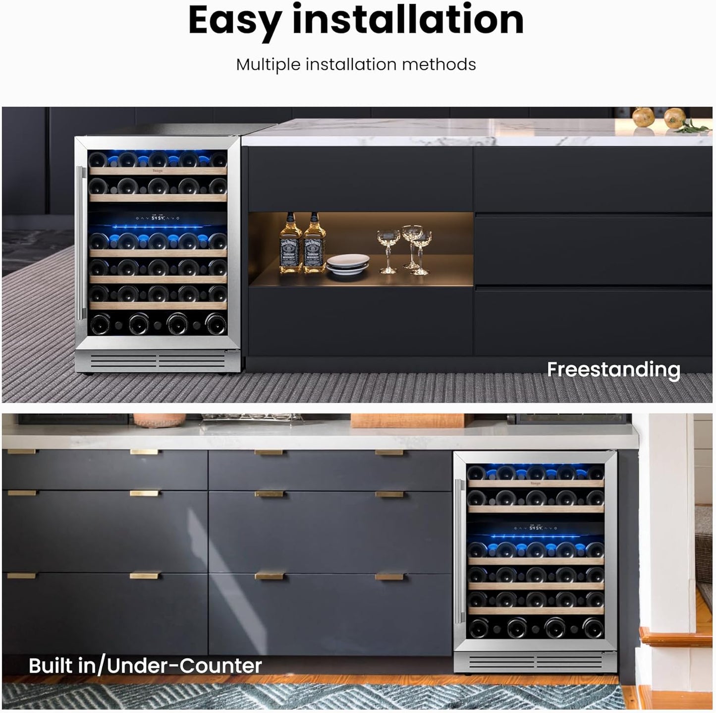 Yeego 24 Inch Dual Zone Wine Fridge Cooler, Holds 52 Bottles, 40-65°F Wine Refrigerator with Glass Door, Built-in and Freestanding Under Counter