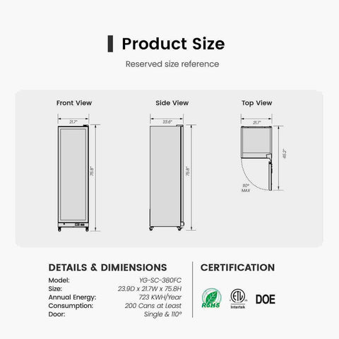 Yeego 22'' Commercial Merchandiser Refrigerator With Swing Glass Door, Display Cooler for Beverages