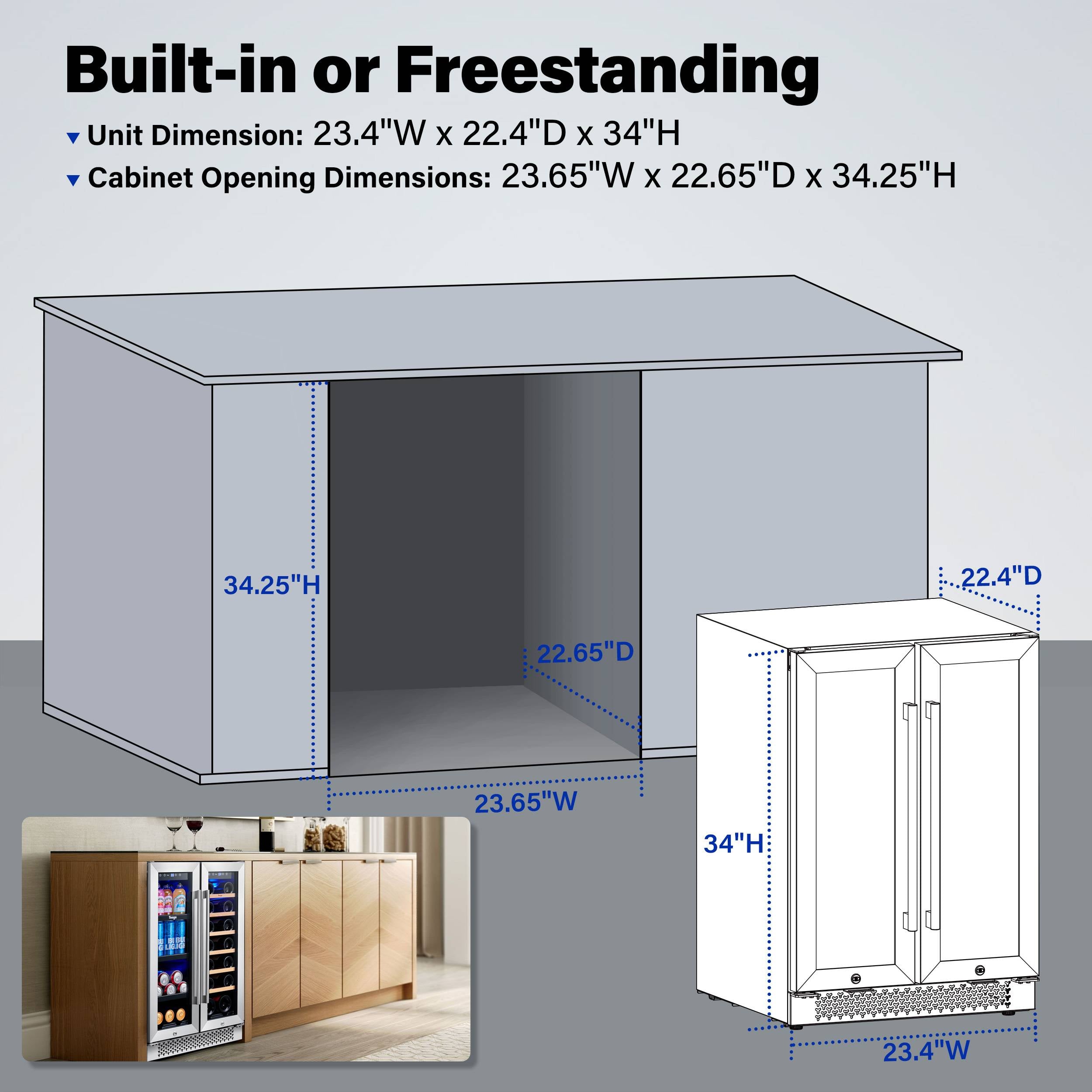 24 Inch Wide  Dual Zone Wine and Beverage Fridge, Under Counter or Freestanding