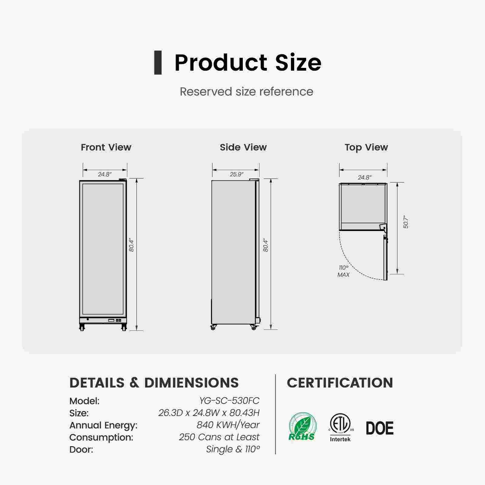 Yeego 25'' Commercial Merchandiser Refrigerator With Swing Glass Door, Display Cooler for Beverages