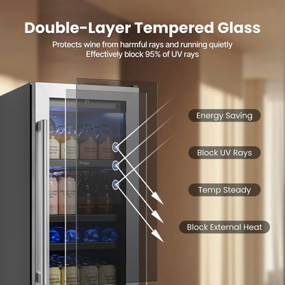Yeego 15 Inch Beverage Refrigerator Cooler - 100 Cans Mini Fridge with Glass Door, 34-54 ℉ Drink Cooler, Built-in or Freestanding
