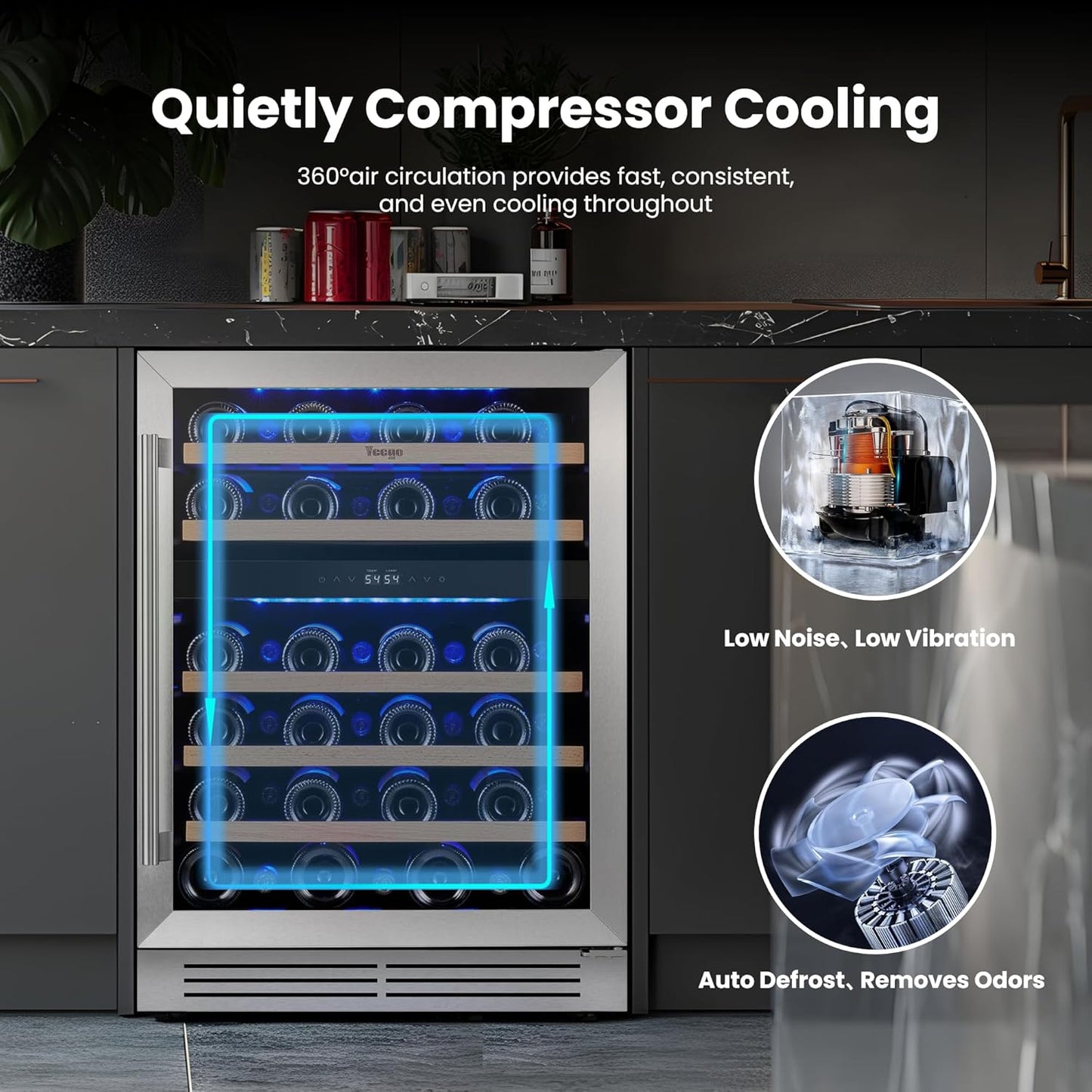 Yeego 24 Inch Dual Zone Wine Fridge Cooler, Holds 52 Bottles, 40-65°F Wine Refrigerator with Glass Door, Built-in and Freestanding Under Counter