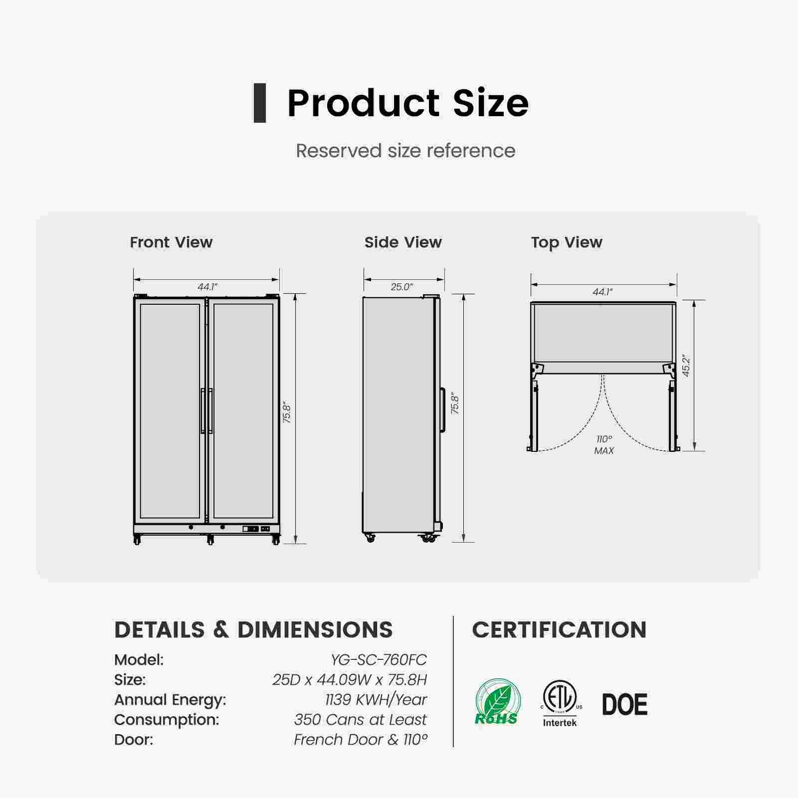 Yeego 44'' 2 Swing Glass Doors Merchandiser Refrigerator, Commercial Display Cooler for Beverages